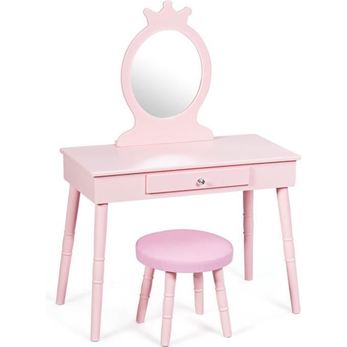 GIANTEX Ensemble Coiffeuse et Tabouret de Maquillage pour Enfants Coiffeuse avec Tiroir Tabouret Capitonné et Miroir Authentique