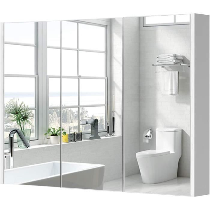 giantex armoire murale de toilettes,armoire miroir salle de bain avec 3 portes,etagère réglable à 3 niveaux,blanc,l90 x p11 x h65