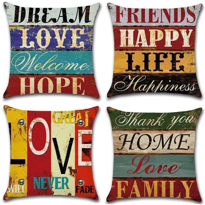 Lot de 4 Housse de Coussin-45x45cm-Coton et Lin-Rétro Style- Carré-Pour Lit Voiture De La Maison Canapé