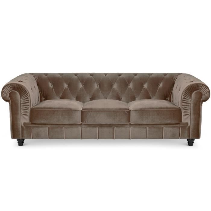 MENZZO Canap&eacute; chesterfield velours capitonn&eacute; taupe 3 places