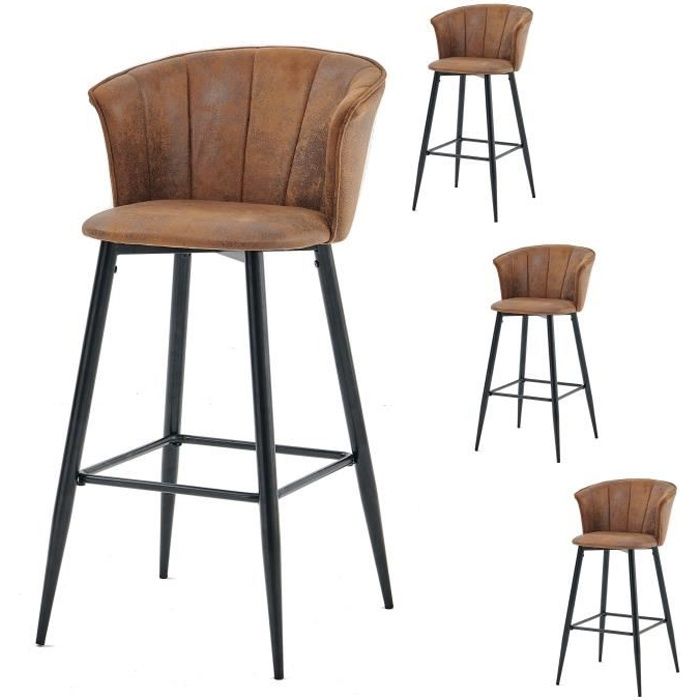 MEUBLES COSY Lot de 4 Chaises de BarTabourets avec Siège en Tissu en Daim MarronPieds en Métal NoirStyle Vintage