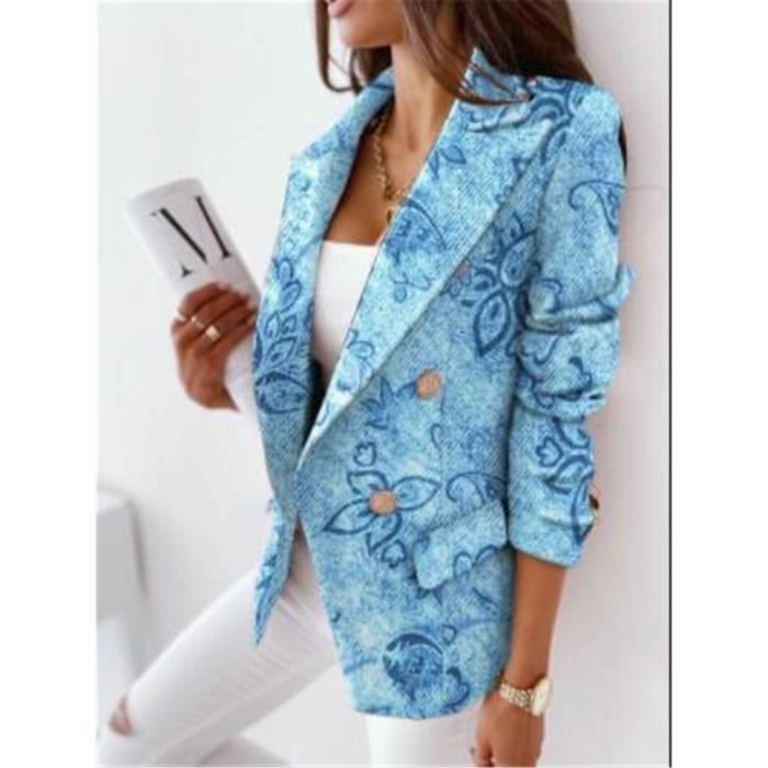Manteau Blazer imprim?� Chic pour femme - Blue[B17499] - manches longues boutonn?� v??tements d 