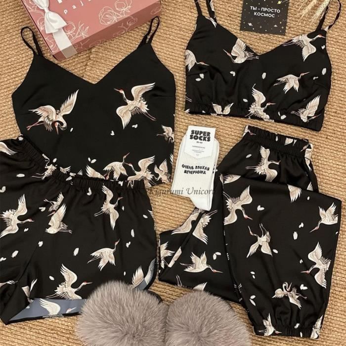 Pyjama En Soie Femme été,Pyjama En Satin De Soie Pour Femmes, Imprimé Cochon Noir, Chemises Et