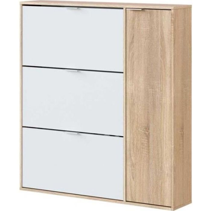 Meuble à Chaussures - PEGANE - 3 abattants - 1 porte - Chêne canadien / blanc artic Meuble à Chaussures - PEGANE - 3 abattants - 1 porte - Chêne canadien / blanc artic