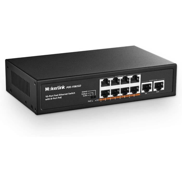 Switch Ethernet PoE 10 Porte (8 PoE + 2 Uplink) 10/100 Mbps - Compatibile Con Standard IEEE 802.3af/at, Non Gestito