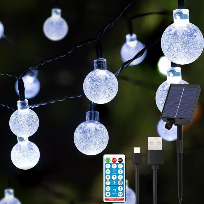 Guirlande Solaire Extérieure 12m 60 LED - IP65 Étanche, 8 Modes, Blanc Chaud, Panneau Solaire Puissant Pour Jardin, Balcon, Mariage
