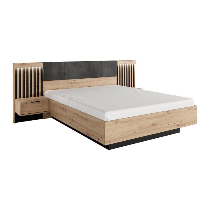 Lit avec chevets 160 x 200 cm - Avec LEDs - Coloris : Naturel et noir - ARIADA