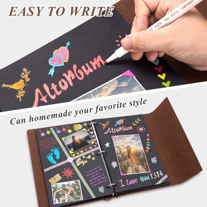 Album Photo Personnalisable A4 – 80 Pages Noires – Papier Kraft 250 G/m² – Pour Scrapbooking, Cadeau Souvenir