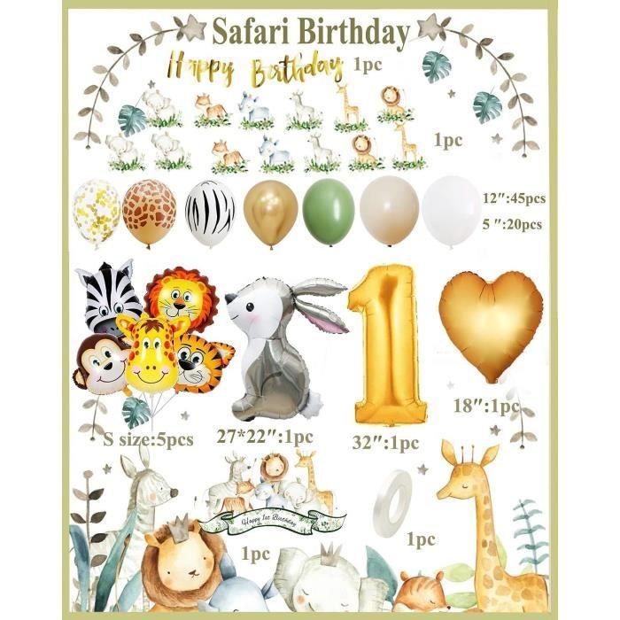 Déco Anniversaire 1 An Safari Jungle – Ballons Animaux, Bannière, Numéro 1