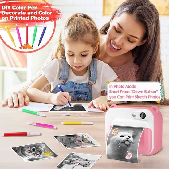 Appareil Photo Enfant Instantané CUBIDI - Imprime En Noir Et Blanc - 48MP, Vidéo 1080p - Carte 32 Go Incluse - Cadeau Fille/Garçon 3 Ans Et Plus - Modèle Licorne Rose