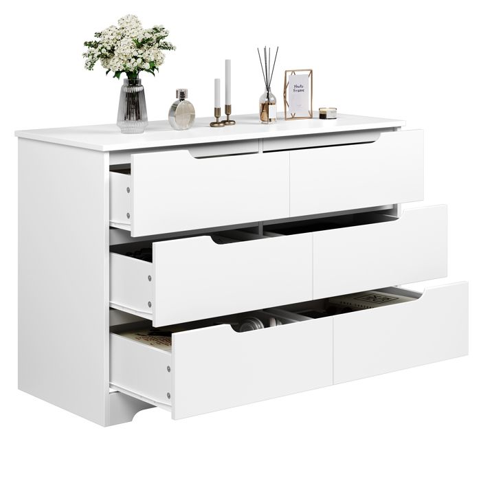 Commode 6 Tiroirs KOMHTOM Blanc Et Or - 120x40x77cm - Meuble Rangement Salon/Chambre - Pieds 15cm