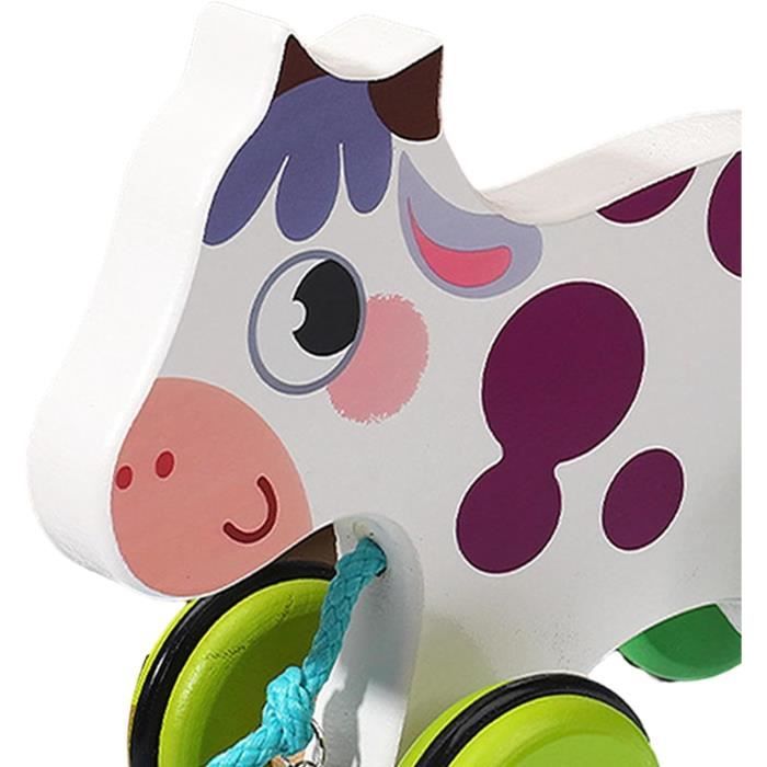 Jouet à Tirer En Bois En Forme De Vache Avec Cloche - Pour Bébé 1-3 Ans, Roues Antidérapantes, éducatif