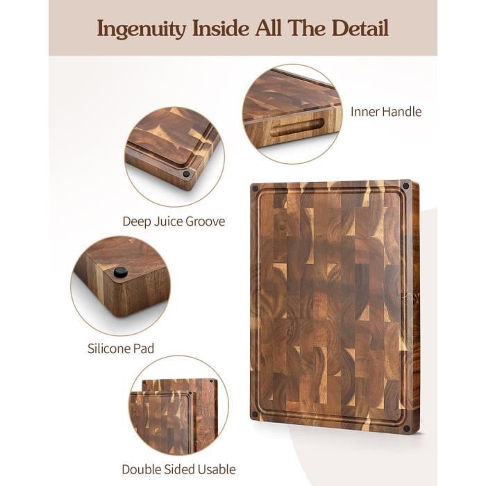 Planche à Découper Bois D'Acacia XINZUO - Bois End Grain, 2 Côtés Utilisables | Pieds Antidérapants Et Poignées