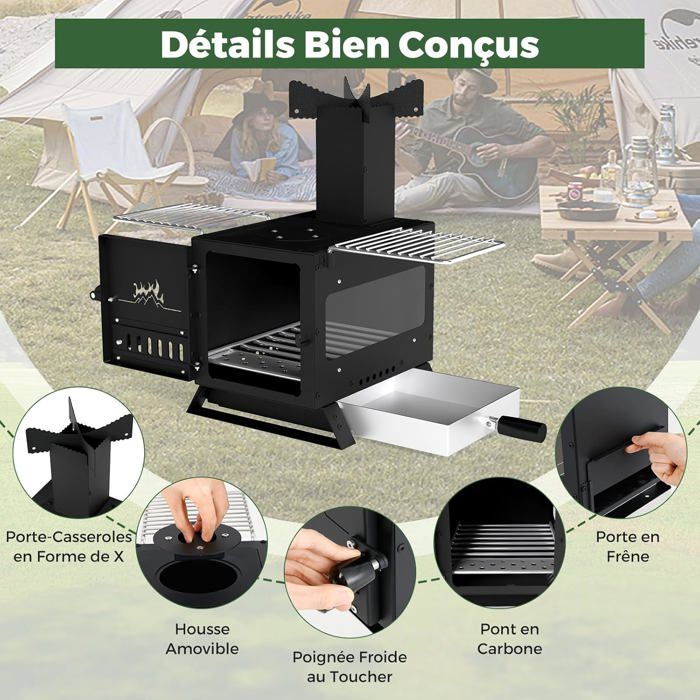 Poêle à bois portable pour camping, pique-nique, barbecue, double paroi, acier inoxydable, grande capacité