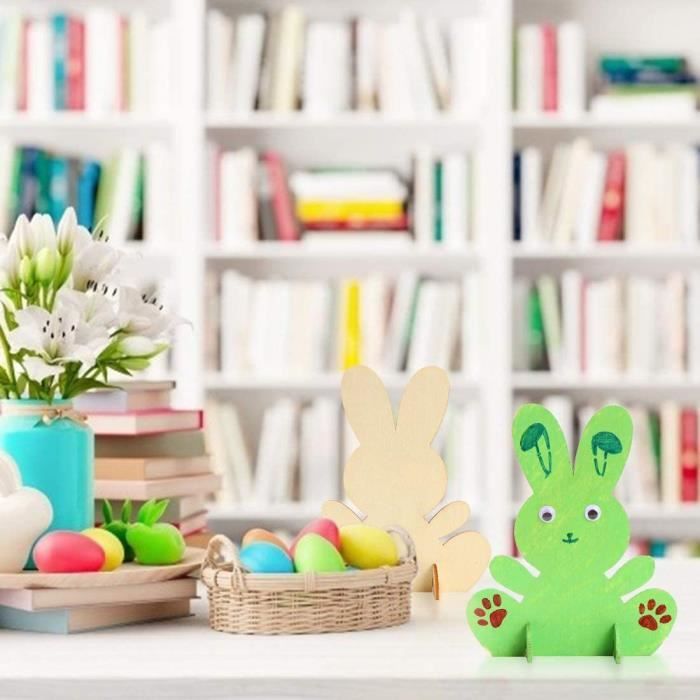 Funmo 10PCS Lapins En Bois à Peindre Kit Créatif Pâques Avec Pompons Et Yeux