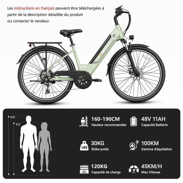 Velo electrique JASION 26 Vert VAE avec Batterie Amovible 48V 11AH Shimano 7 Vitesses VTT Ville E Bike Autonomie 45 100km Cdiscount Sport