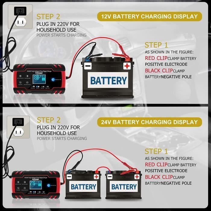 MOON-Chargeur de Batterie Intelligent 8A 12V-24V Chargeur Batterie Moto  Portable LCD écran pour Batterie de Voiture Moto GM Gel Wet