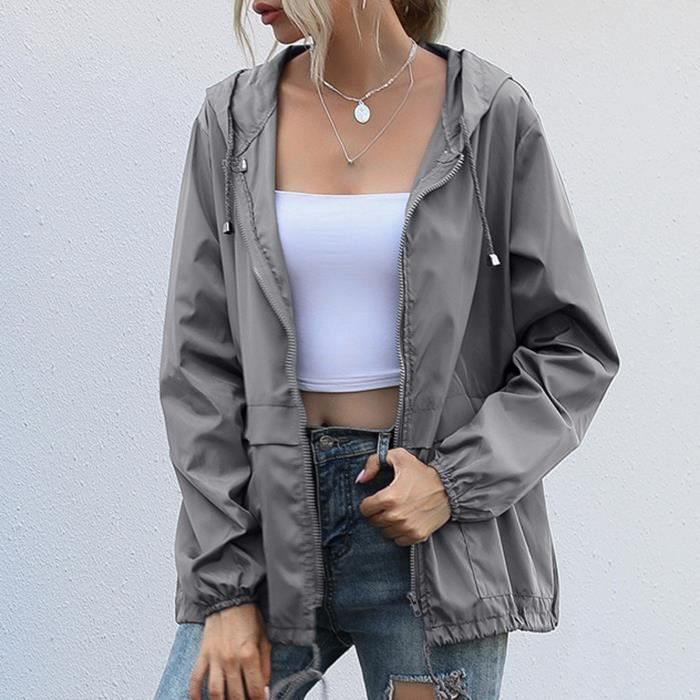 Sweat Femme Impermeable a capuche impermeable a glissiere coupe vent impermeable Gris fonce Gris fonce Cdiscount Pret a Porter