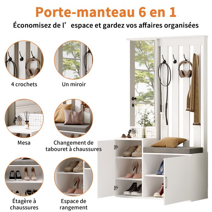 HOMCOM Ensemble Meubles Entrée 4-en-1 - Porte-Manteau Miroir + Banc + Meuble Chaussures 8 Paires Gris