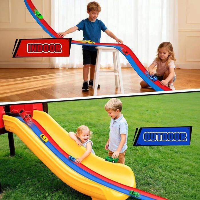 Piste De Voiture Flexible Et Enroulable 6 Mètres - Inclut 4 Voitures à Friction - Circuit Jouet Pour Enfants 2 à 6 Ans - Portable, Rangement Facile