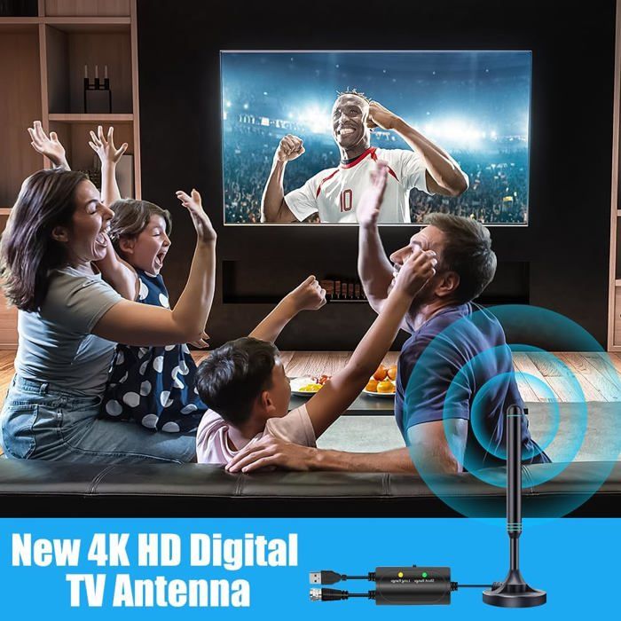 Antenne TV Intérieure TNT HD 2025 - Puissante 900 Km 360° Avec Amplificateur - 4K 1080p - Câble 5m