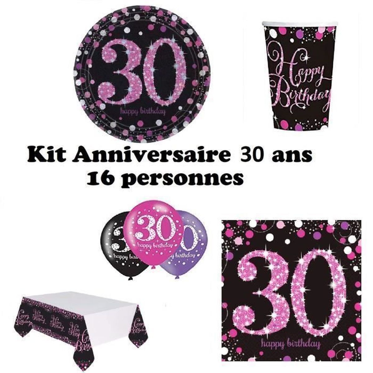 Mgs33 Kit Anniversaire 30 Ans Complet Decoration Table 16 Personnes 16 Assiettes 16 Gobelets 16 Serviettes 1 Nappe 6 Ballons 3 Achat Vente Kit De Decoration Cdiscount
