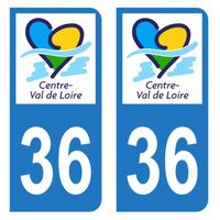 Lot 2 Autocollants Stickers plaque immatriculation voiture auto département 36 Indre Ain Logo Région Centre-Val de Loire
