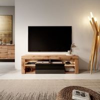 Meuble TV / Banc TV - BIANKO - 140 cm - chêne lancaster / noir brillant - avec LED - style moderne - tablettes en verre