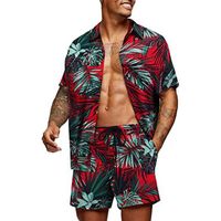 Ensemble Survêtements Hawaiian Imprimé Homme Été T-Shirt à Manche Courte et Shorts 2 pièces Plage Casual Sportswear rouge-C