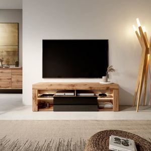 Meuble TV scandinave blanc et bois avec cheminée décorative