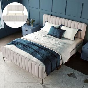 LIT COMPLET Lit Complet Double 160 x 200cm avec sommier à lattes et tête de lit réglablecadre de lit, Lit double Capitonné pour tissu en lin