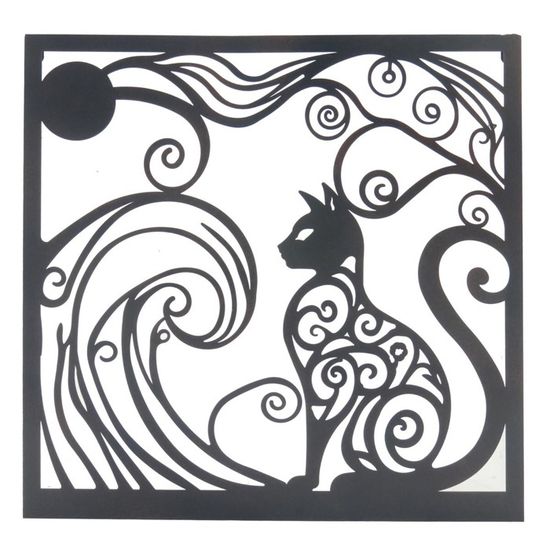 Décoration Murale CHAT Lune Volutes En Métal Noir Carré De 50cm - Maison