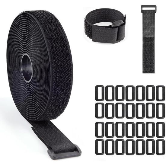 Rouleau De Sangles Velcro 5 M X 2 Cm - Réutilisable Et Découpable - Inclus 25 Boucles Métalliques - Pour Câbles, Rangement, Fixation