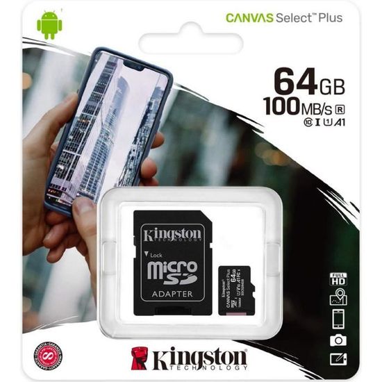 KINGSTON Canvas Select Plus SDCS2 64Go 64 go Micro SD Carte Mémoire Class 10 A1 100Mo/s+ Adaptateur inclus