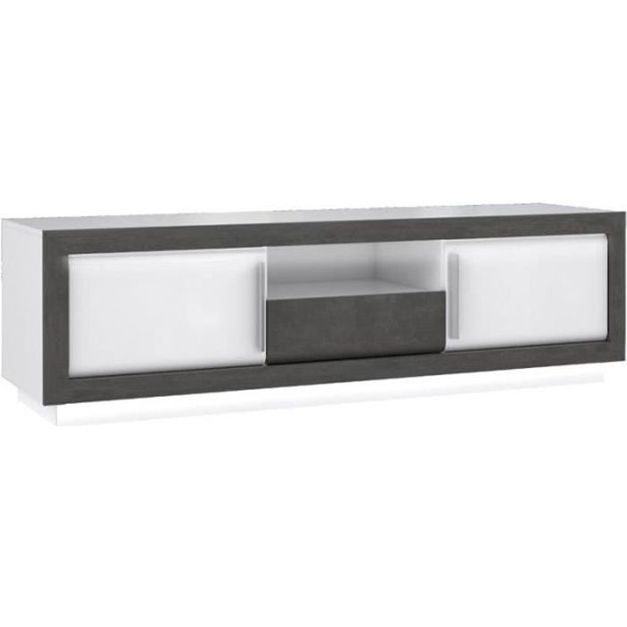 Meuble TV bois blanc et gris, lumière LED - CALVI