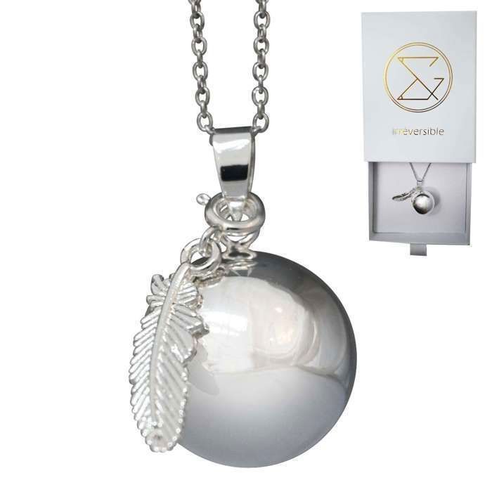 Bola de grossesse argent lisse avec chaîne - INDIA (Plume indienne) - plaquée argent véritable - coffret cadeau femme enceinte