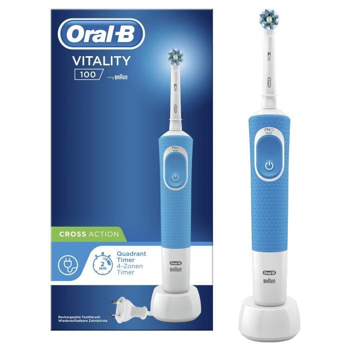 Oral-B Vitality 100 Brosse à Dents Électrique Rechargeable, 1 Manche, 1 Brossette CrossAction, Bleu, Minuteur, Action Nettoyage 2D