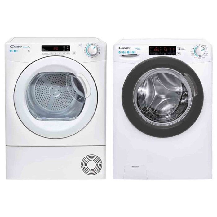 PACK CANDY Lave-linge frontal 10kg 1400trs/min + Sèche-Linge Frontal Condensation 10kg 58 Blanc