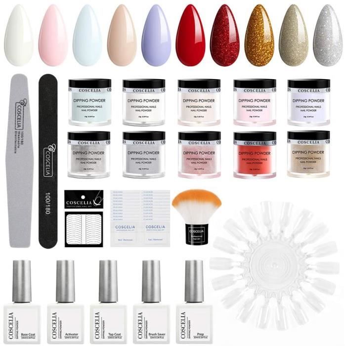 Coscelia Kit 10pcs Poudre Acrylique Dipping Powder Pas Besoin de Lampe Cure Paillettes Décors Base Coat Top Coat Accessoire Manucur