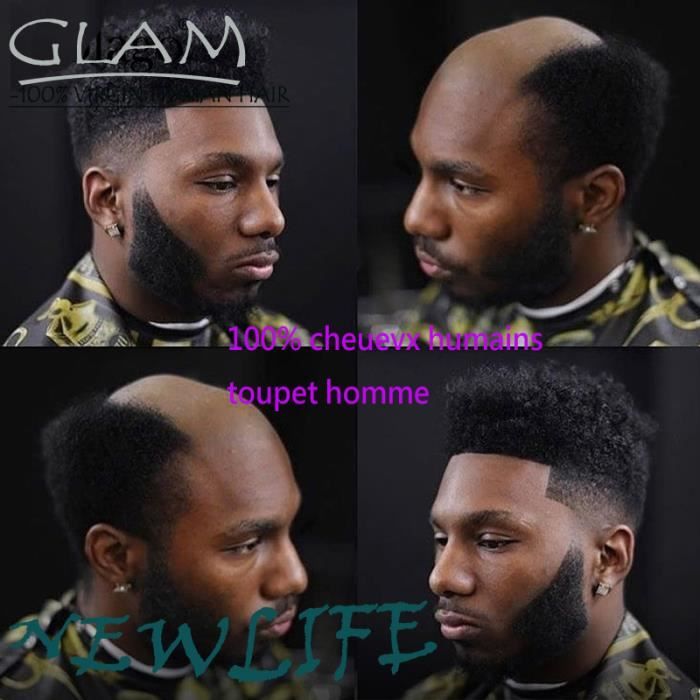 Afro toupet 6mm Durable peau mince hommes toupet 8X10 -V boucle/noeud injecté cheveux Repacement prothèse soie Base cheveux