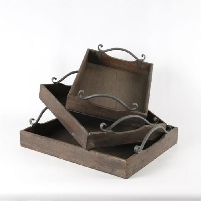 Set de 3 plateaux bois anses métal.