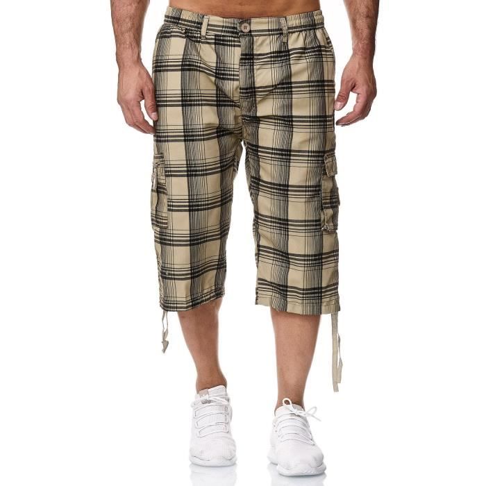 Pantalon de loisir homme Bermuda 3/4 Capri avec poches latérales refermables [XXL, Kaki foncé]