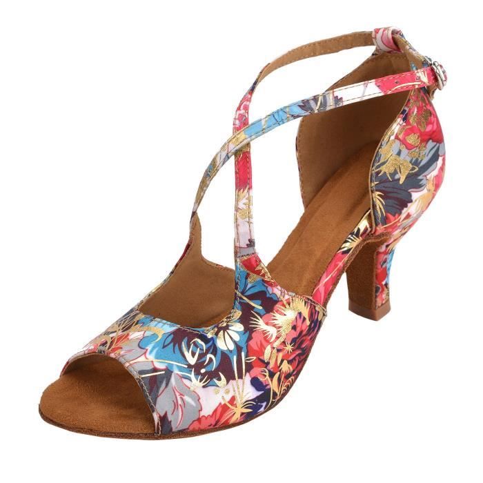 Chausson De Danse Danse de salon intérieur de femmes Chaussures pour Salsa Latin Tango Floral Satin environ 7,5 cm talon NK07A Taill