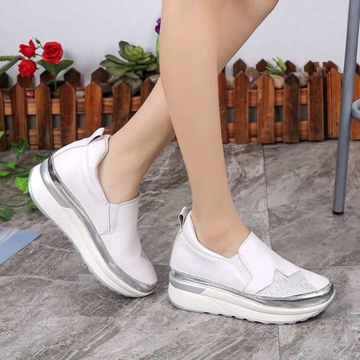 Baskets respirantes pour femmes Chaussures compensées Chaussures de sport décontractées Chaussures simples pour femmes Blanc Sji