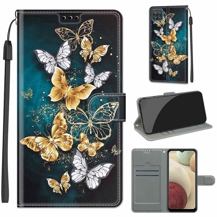 Coque pour Samsung Galaxy A12 Housse de Protection Cuir PU Portefeuille Etui à Rabat Magnétique Support Papillon Or