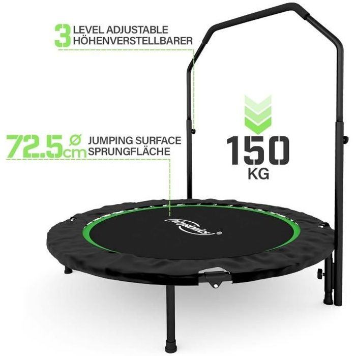 Physionics® Mini Trampoline Fitness - Pliable, Barre Réglable, Ø 101 cm, Usage Intérieur/Extérieur - Trampoline de Gym, Aérobic