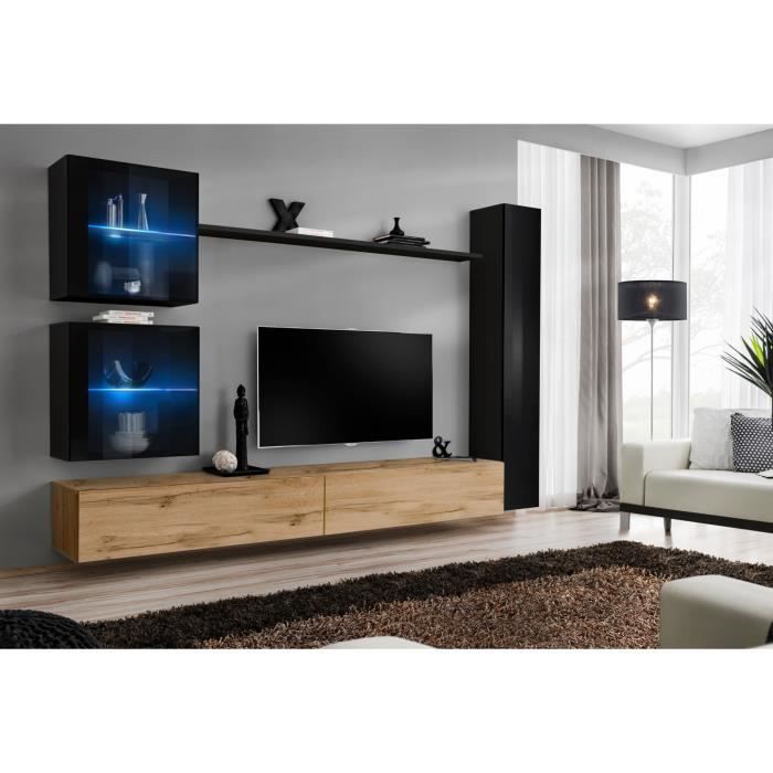 Ensemble meuble salon mural SWITCH XVIII design, coloris chêne Wotan et noir brillant. 40 Marron