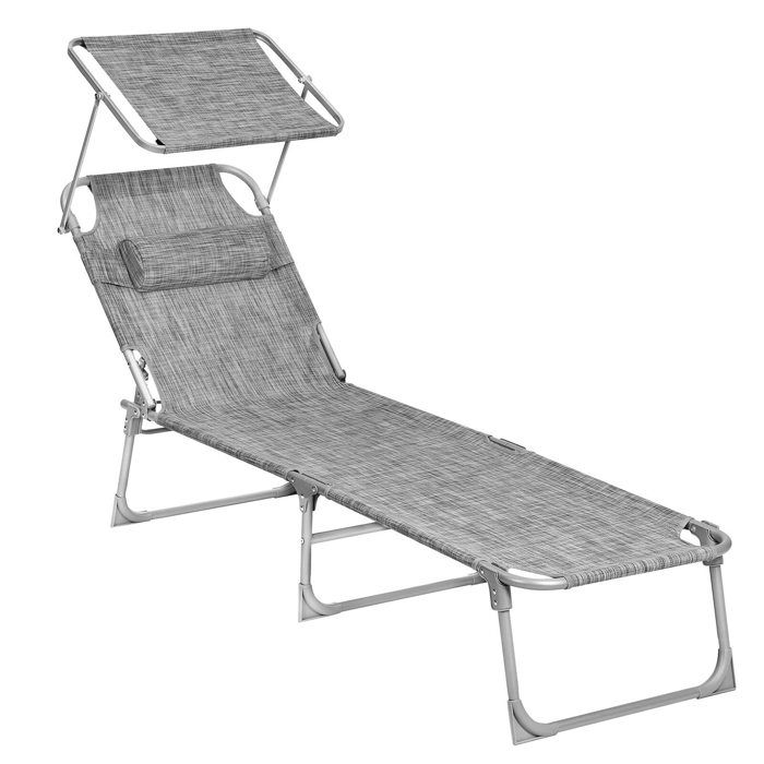 chaise longue pliable gris clair - transat - dossier inclinable - pare-soleil - jardin piscine terrasse