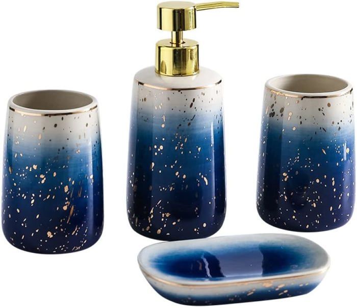 BASDHE Ensemble d'accessoires de salle de bain doré 4 pièces avec distributeur de lotion, porte-brosse à dents, gobelet et porte-savon
