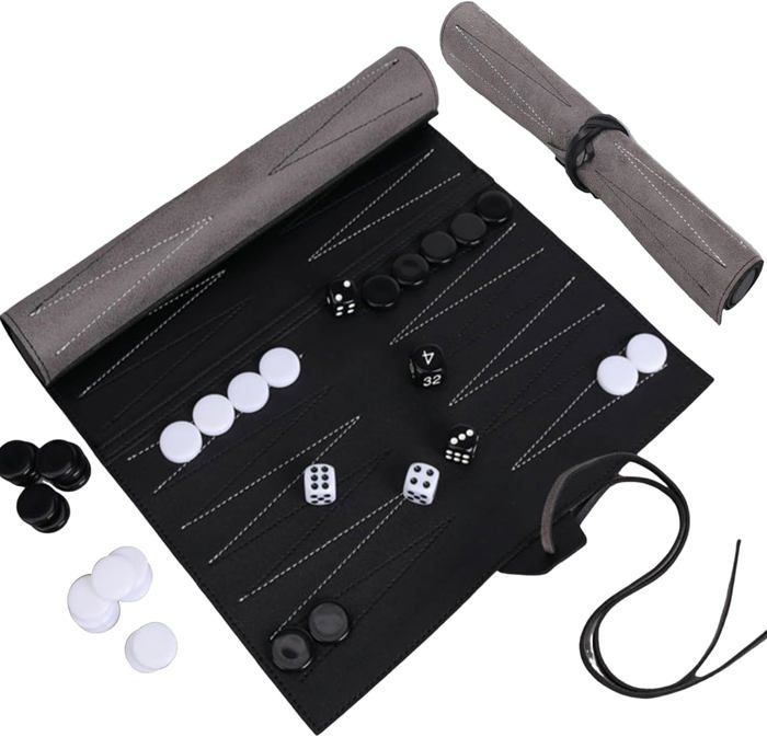 Backgammon -Rollable Backgammon Board Game,Finitions Simili Cuir-5 Dés,Portable Et De Voyage